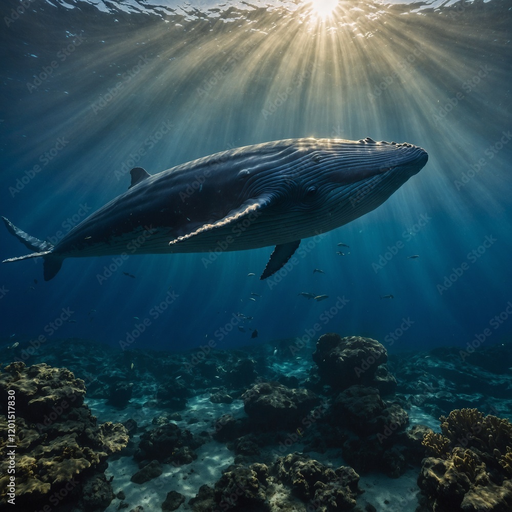 A surreal underwater scene with a blue whale swimming through golden rays. A surreal underwater scene with a blue whale swimming through golden rays.