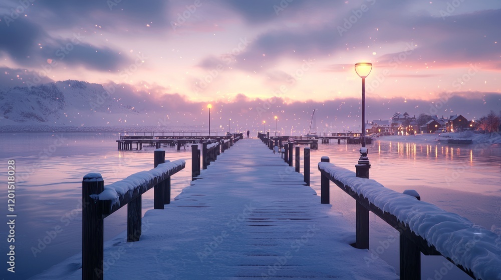 Obraz premium Winter Wonderland: A Serene Snow-Covered Pier at Sunset