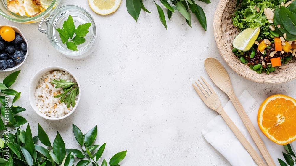 Healthy Eating Lifestyle Fresh Food Rice Salad Bowl Lemon Orange Greens Healthy Eating Lifestyle Fresh Food Rice Salad Bowl Lemon Orange Greens