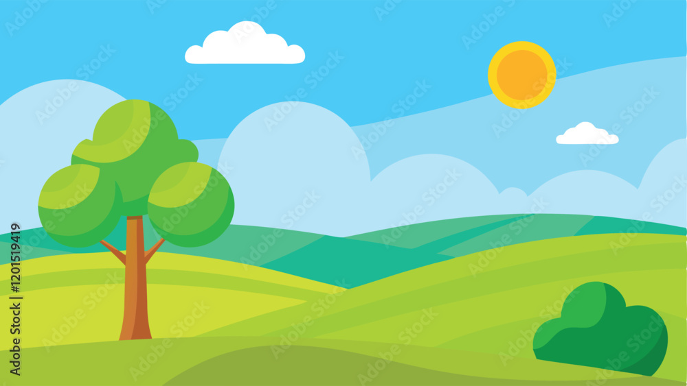 Fototapeta premium Summer field landscape nature hills fields blue sky illustration