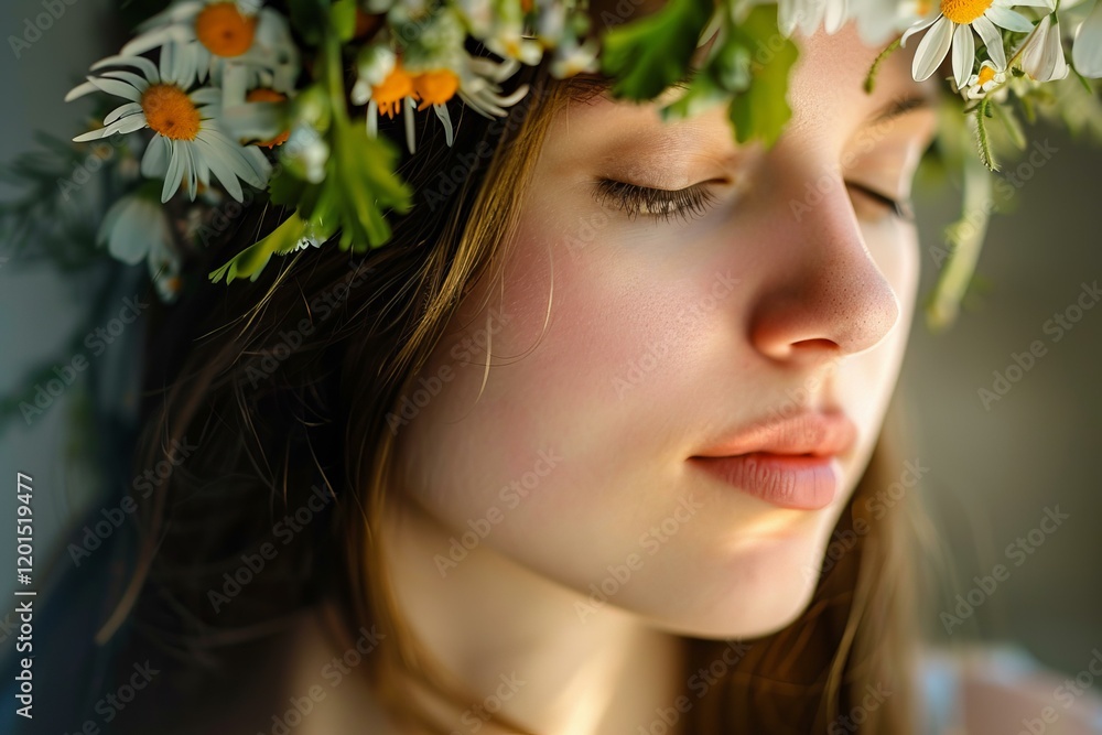 Naklejka premium Portrait of a beautiful teenage girl wearing a crown of daisies, her eyes closed, enjoying a moment of summer relaxation