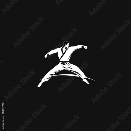 Karate, jump kick, black background, action pose, martial arts design. photo