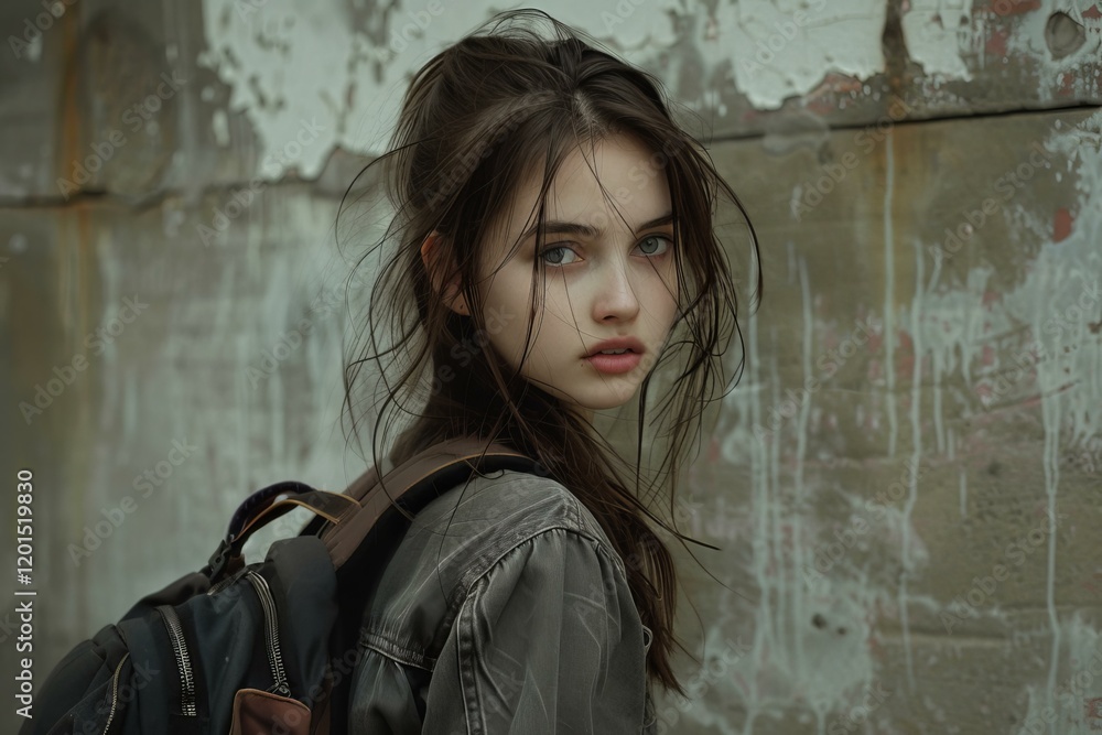 Portrait of a young student walking in a grungy urban environment with a backpack, looking towards the viewer Portrait of a young student walking in a grungy urban environment with a backpack, looking towards the viewer