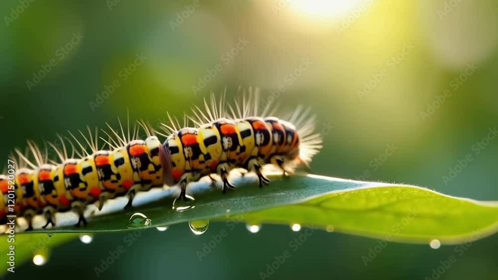 Colorful caterpillar on a dewy green leaf in a vibrant natural garden setting during early morning. Colorful caterpillar on a dewy green leaf in a vibrant natural garden setting during early morning.