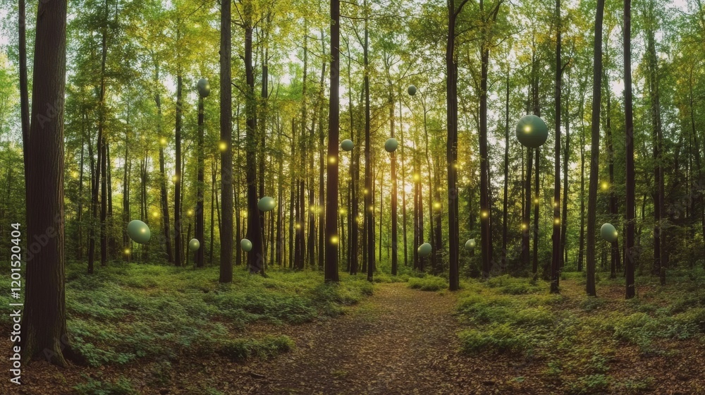 Fototapeta premium Glowing eggs illuminate a forest clearing at twilight, creating a dreamlike atmosphere filled with enchantment and wonder