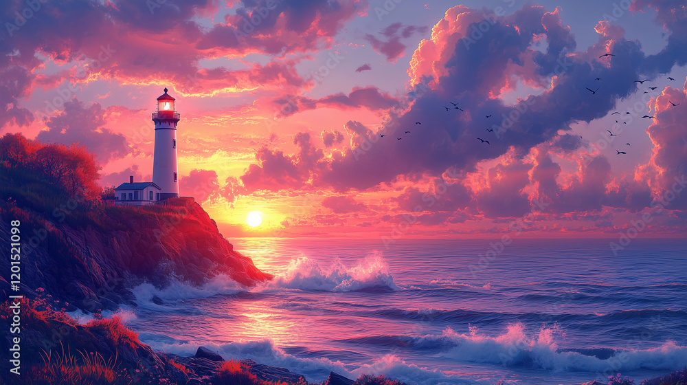 Lighthouse at sunset over ocean waves Lighthouse at sunset over ocean waves