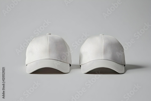 A white baseball cap mockup displayed on a neutral grey background, showing both front and back views. photo