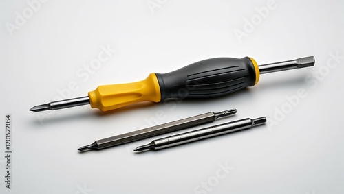 Isolated metal screwdrivers and screws, essential tools for home repair photo