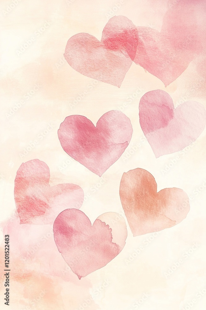 Fototapeta premium Soft blush pink and beige watercolor heart shapes float gracefully on a light cream backdrop, creating a serene and artistic atmosphere perfect for elegant designs