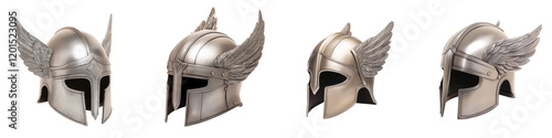 Set of detailed showcasing various medieval warrior helmets featuring intricate silver metalwork designs with winged adornments evoking a sense of heroism mythology and historical fantasy photo