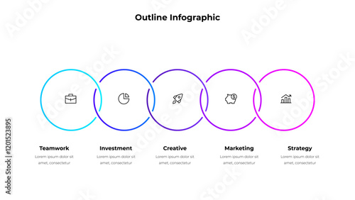 Five line circle elements in horizontal row for infographic and presentation. Concept of 5 steps of business development process