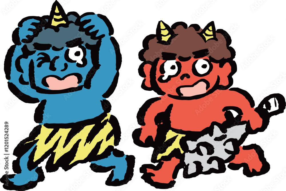 Obraz premium 逃げる赤鬼と青鬼 筆タッチ手描きイラスト