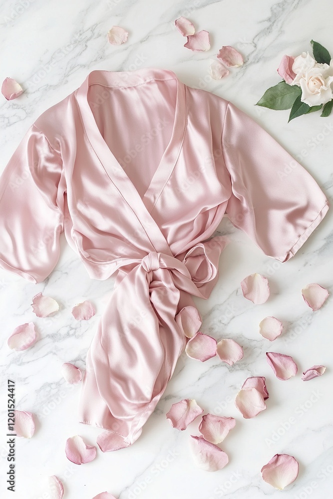 Fototapeta premium Soft pink silk pajama set lays gracefully on a white marble surface adorned with fresh rose petals, creating a chic and elegant display ideal for a relaxing setting