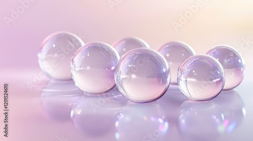 A closeup of a shiny pink crystal ball and necklace with reflections and bubbles photo