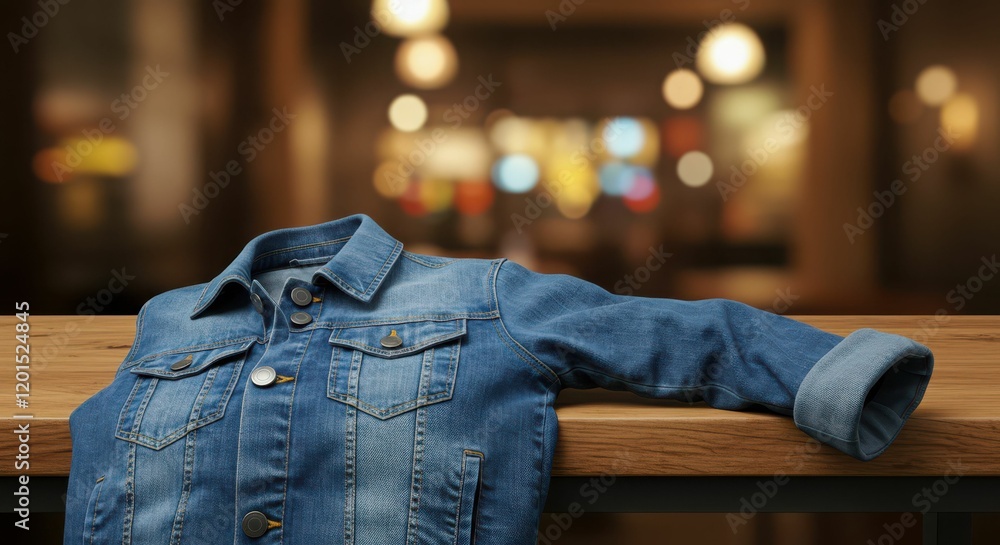 Denim jacket on wooden table in cozy blurred café setting Denim jacket on wooden table in cozy blurred café setting