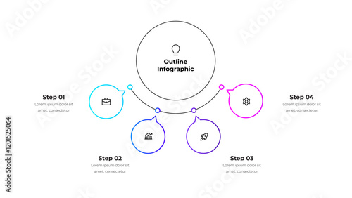 Line organization chart with four options, steps or processes. Center circle with 4 small circles presentation for business data analytics visualization. Outline diagram
