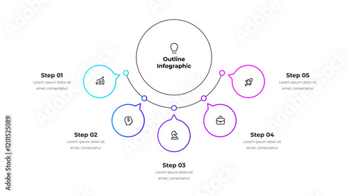 Line organization chart with five options, steps or processes. Center circle with 5 small circles presentation for business data analytics visualization. Outline diagram