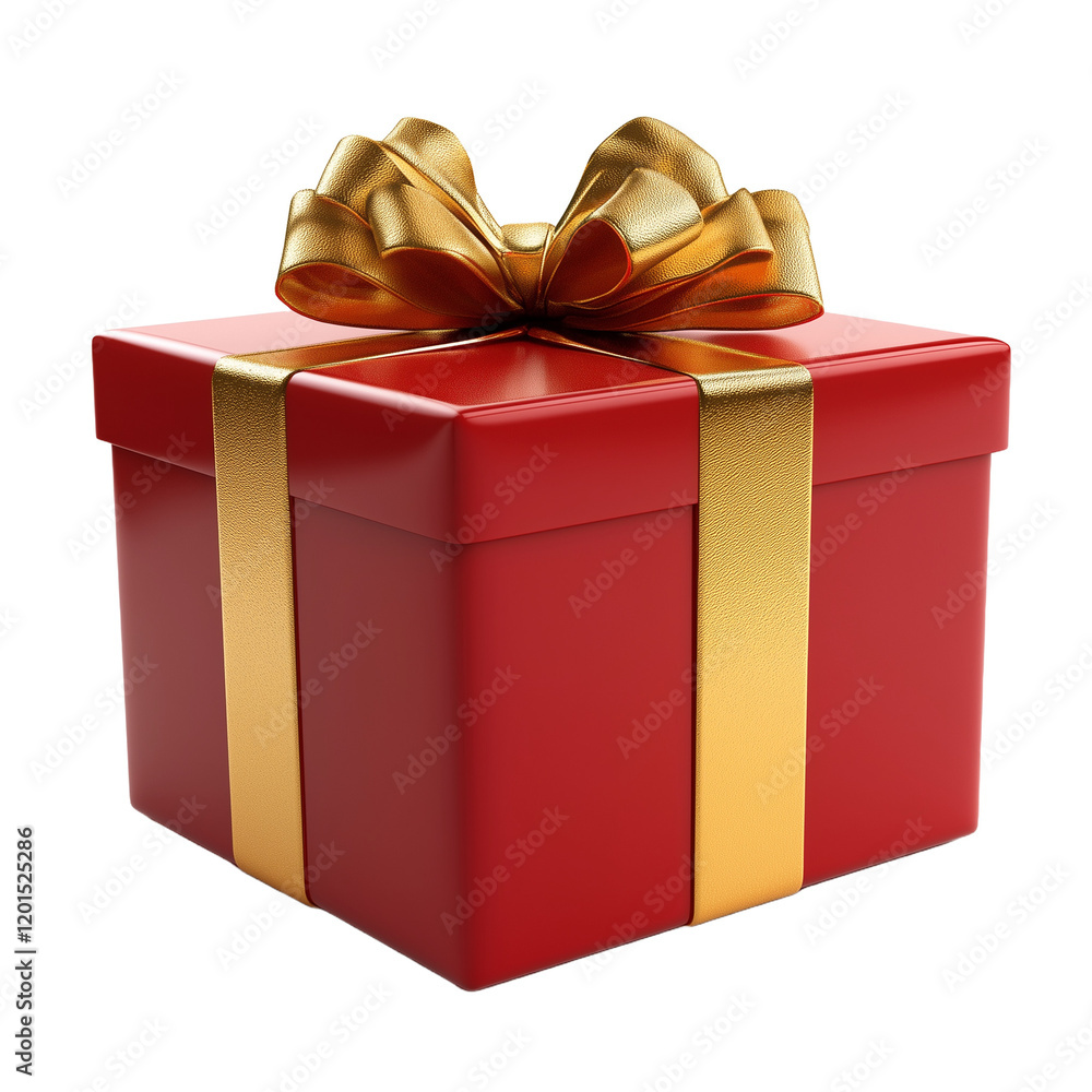 Obraz premium 3D gift box isolated on transparent background. Red festive box with golden bow. Suitable for congratulations on Christmas, New Year, Valentine's Day and others