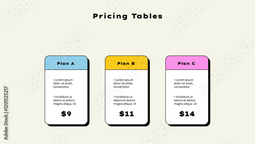 Neobrutalism pricing tables. Subscription options or what is included in the plan. Infographic design template. Flat vector illustration for website, applicatio