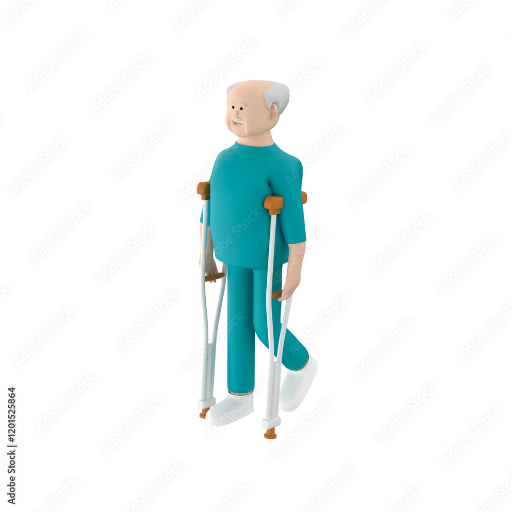 Fototapeta premium Senior male character in patient clothes walking using underarm crutches, 3d illustration