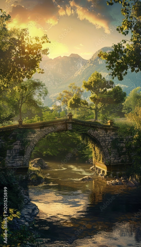 Fototapeta premium Ancient stone bridge over calm river surrounded by lush greenery and sunset reflections