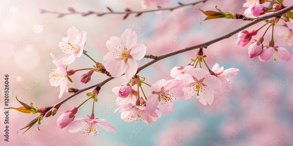 A Beautiful Arrangement of Pink Cherry Blossoms on a Soft Pastel Background A Beautiful Arrangement of Pink Cherry Blossoms on a Soft Pastel Background