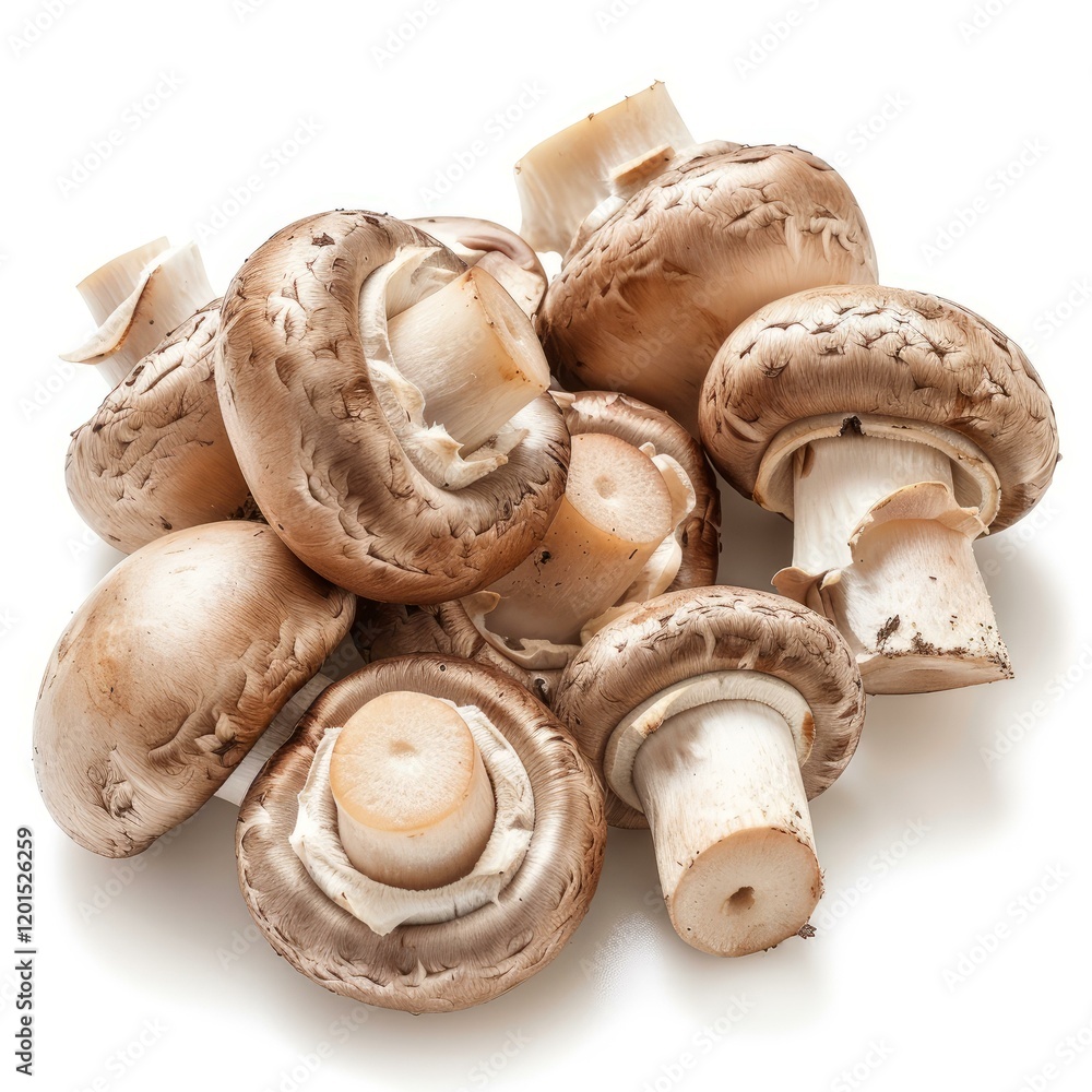 Fresh brown mushrooms are piled together, creating a visually appealing arrangement against a clean white backdrop Fresh brown mushrooms are piled together, creating a visually appealing arrangement against a clean white backdrop