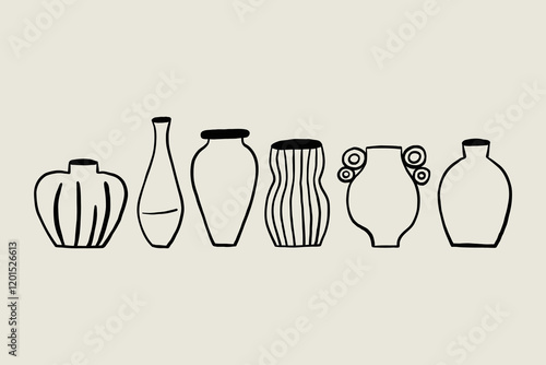 Set Sketch Minimalist Organic Ceramic Vases. Whimsical Black Line Collection Different Pottery Clay Jar. Vector Hand Drawn Illustration