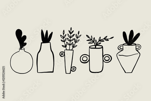 Set Sketch Elegant Vase with Flower and Plant. Whimsical Black Line Collection Different Pottery Clay Pot. Vector Hand Drawn Illustration