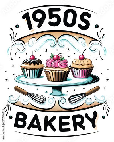 A vibrant 1950s style poster advertising a bakery, featuring delicious cupcakes, pastries, and a smiling baker.