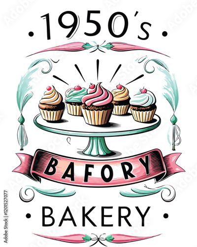 Create a retro 1950s style bakery poster featuring colorful cupcakes, flaky pastries, and inviting fonts.  The poster should evoke a sense of sweetness and nostalgia.