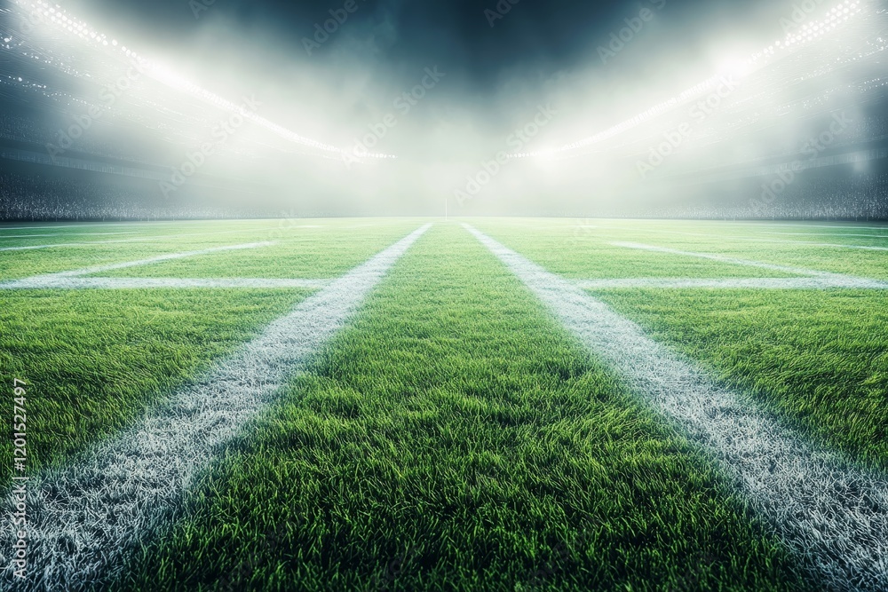 Obraz premium Empty stadium field at night with bright lights.