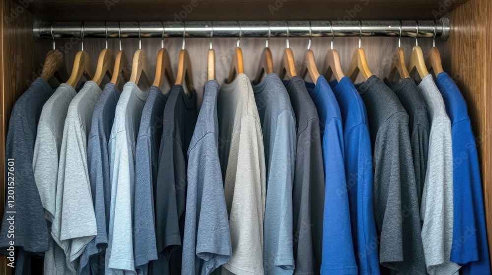 A minimalist wardrobe with t-shirts in neutral colors hanging neatly on a rack A minimalist wardrobe with t-shirts in neutral colors hanging neatly on a rack