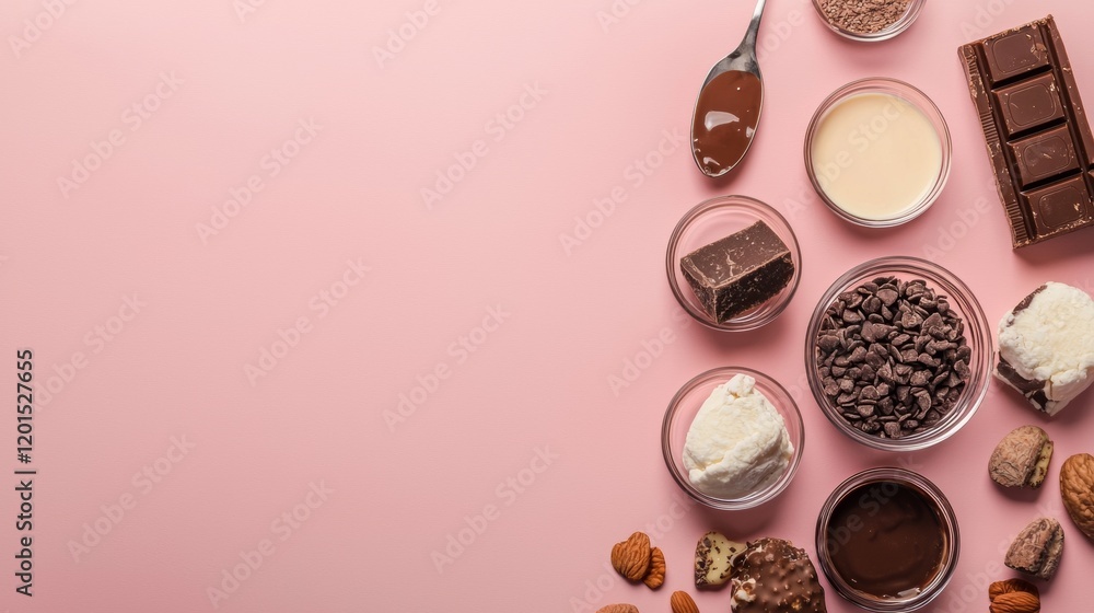 Flat lay of chocolate, cocoa, and ingredients on a pink background Flat lay of chocolate, cocoa, and ingredients on a pink background