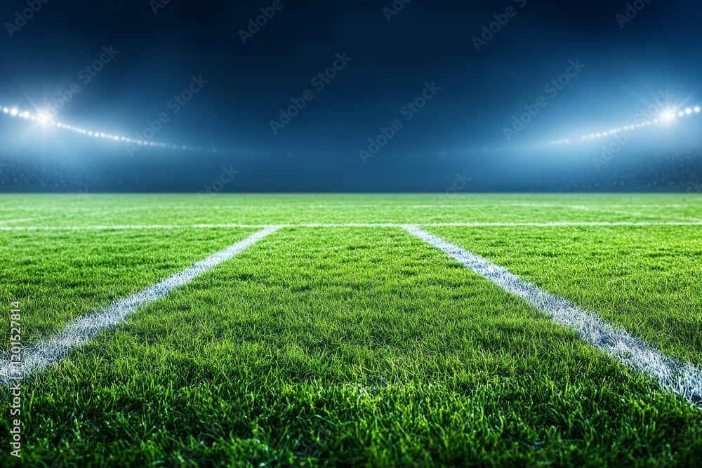 Obraz premium Night stadium, green grass field with bright floodlights.