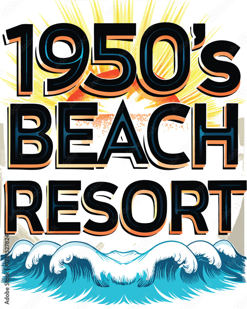 A retro 1950s style beach resort poster featuring a vibrant sunset over the ocean with palm trees swaying in the breeze, waves crashing on the shore, and a couple in swimwear enjoying the beach. A retro 1950s style beach resort poster featuring a vibrant sunset over the ocean with palm trees swaying in the breeze, waves crashing on the shore, and a couple in swimwear enjoying the beach.