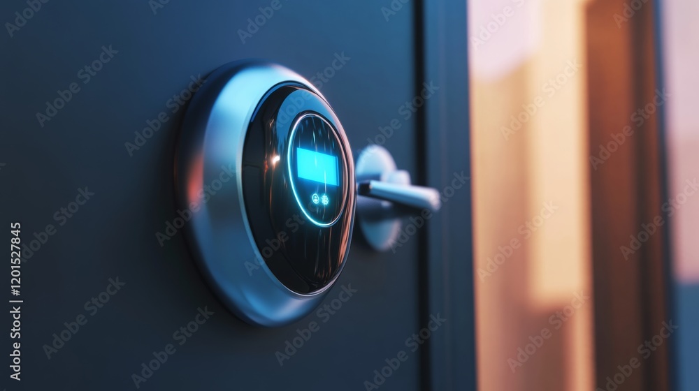 A modern smart lock on a sleek door, symbolizing security and advanced home technology, Smart home security scene A modern smart lock on a sleek door, symbolizing security and advanced home technology, Smart home security scene