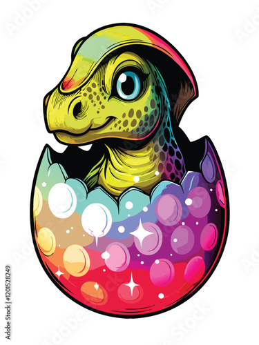 A baby dinosaur emerges from a vibrant, speckled egg, its tiny claws grasping the shell.