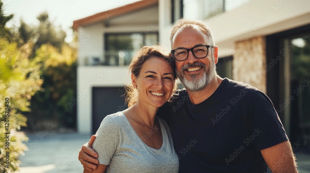 Happy smiling young family couple new property buyers modern dream luxury villa owners standing outside house, affectionate middle aged man and woman in love hugging outdoor. New Real estate concept