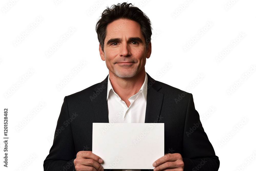 A man in a suit holding a blank sign, smiling confidently at the camera. A man in a suit holding a blank sign, smiling confidently at the camera.