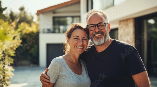 Obraz na płótnie Happy smiling young family couple new property buyers modern dream luxury villa owners standing outside house, affectionate middle aged man and woman in love hugging outdoor. New Real estate concept w salonie