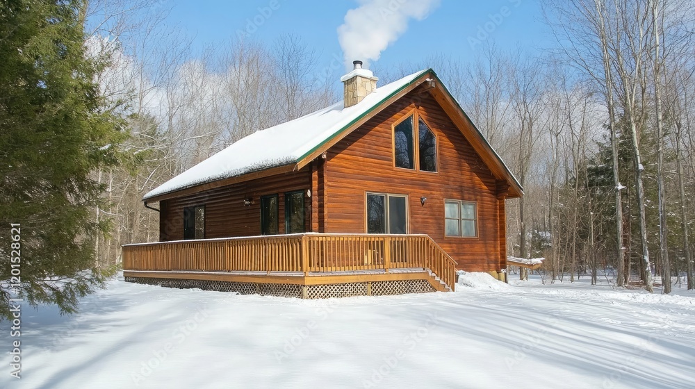 A secluded wooden cabin surrounded by snow-covered trees with smoke curling from the chimney A secluded wooden cabin surrounded by snow-covered trees with smoke curling from the chimney