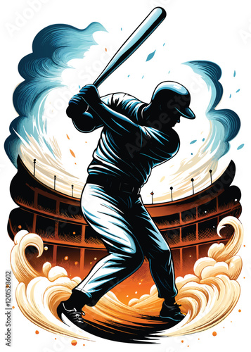 A powerful baseball player in mid-swing, his bat a blur as he connects with the ball. The stadium behind him is filled with cheering fans, creating a dramatic and exciting atmosphere.