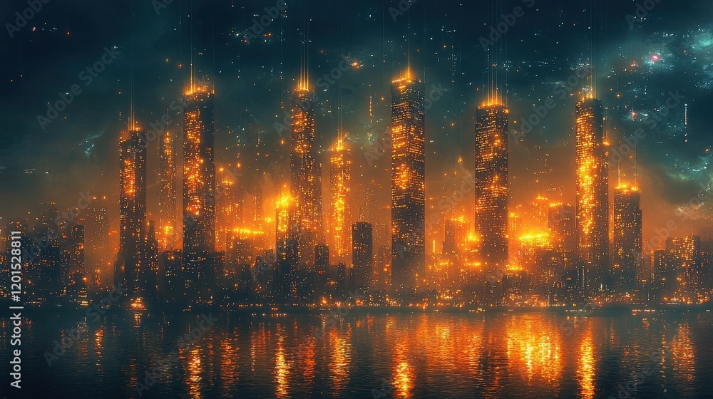 A futuristic cityscape illuminated by orange lights at night with reflections in the water. Perfect for a sci-fi movie poster or book cover. A futuristic cityscape illuminated by orange lights at night with reflections in the water. Perfect for a sci-fi movie poster or book cover.