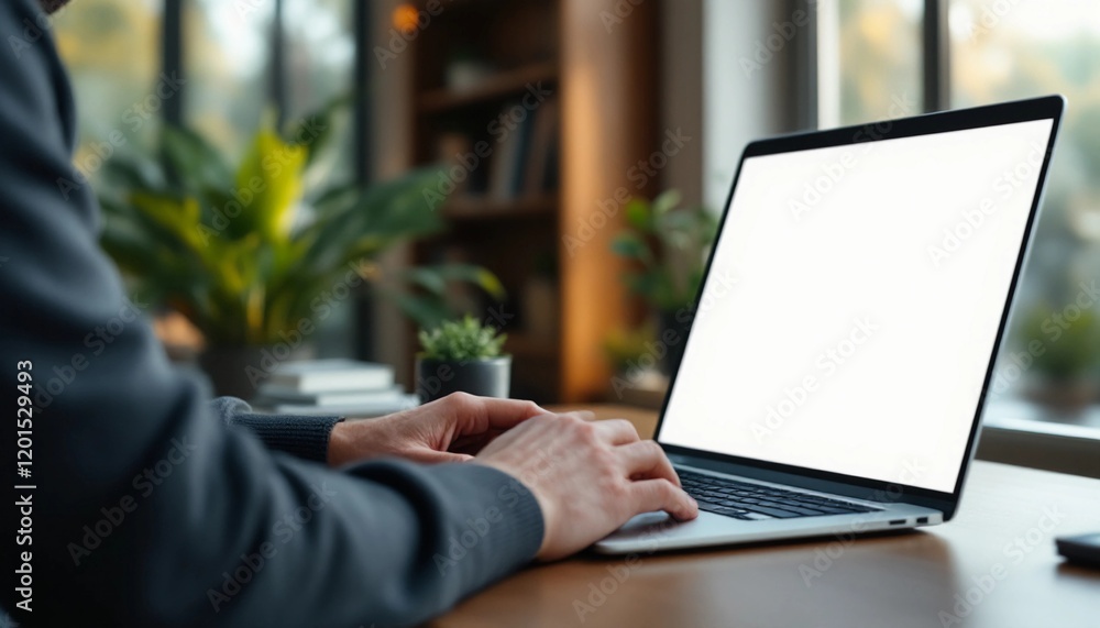 Close-Up of Hands Typing on a Laptop with a Blank Screen in a Cozy Home Office Setting Close-Up of Hands Typing on a Laptop with a Blank Screen in a Cozy Home Office Setting