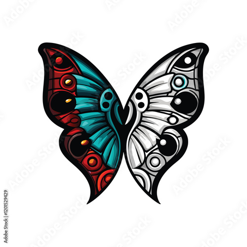 An abstract, surreal image of a butterfly split in half, one side realistic and detailed, the other half composed of swirling, vibrant colors and textures.