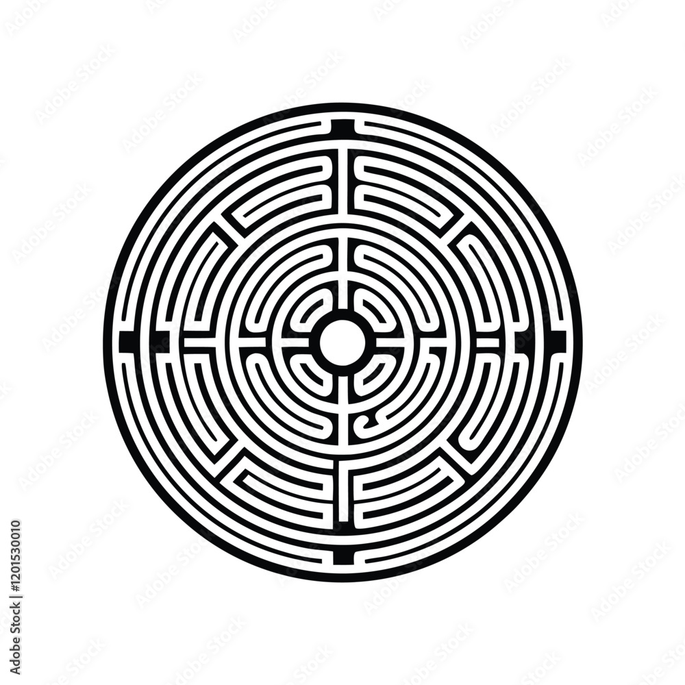 Generate a visually appealing and intricate circular labyrinth design using bold and clean lines. Generate a visually appealing and intricate circular labyrinth design using bold and clean lines.