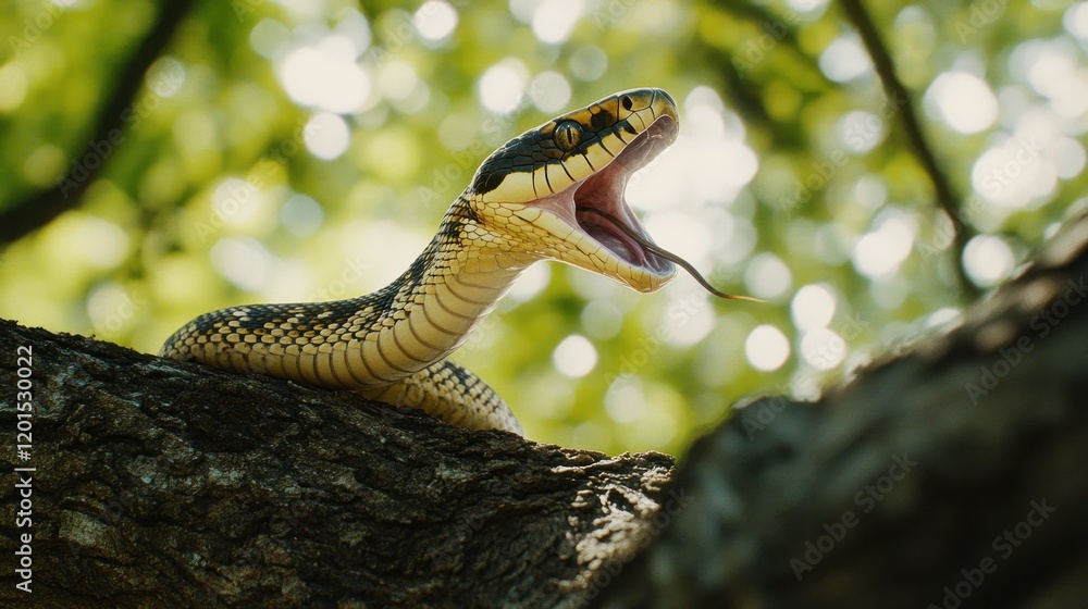 Yellow-black snake with open mouth on tree branch. Yellow-black snake with open mouth on tree branch.
