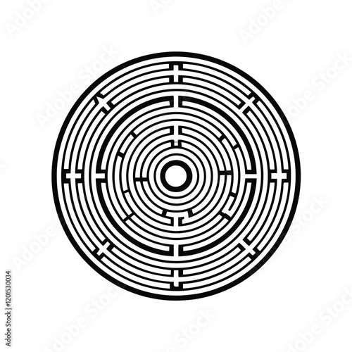 Generate a visually striking circular labyrinth design using bold, clean lines. The labyrinth should have a single, continuous path leading to the center.