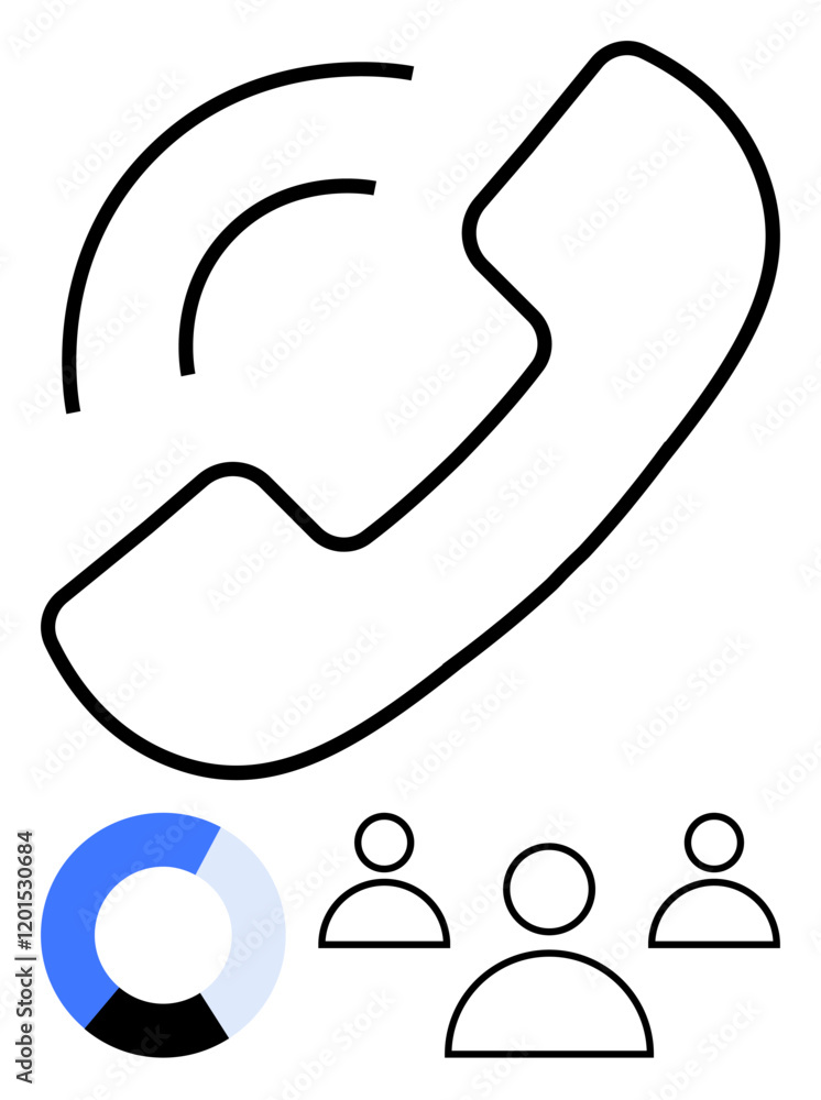 Obraz premium Abstract phone handset with sound lines, three user icons, and circular chart. Ideal for teamwork, connection, call center, communication, data analysis, customer service abstract line flat metaphor